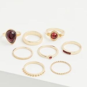 🆕GOLD-TONE FAUX RUBY STONE RING SET - SET OF 8 💍